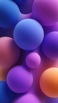 3D abstract composition featuring clustered matte spheres in shades of purple, blue, pink, and orange. Soft lighting on smooth, round organic shapes with a vertical orientation.