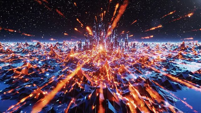 Futuristic cyber city skyline with glowing energy beams and abstract digital landscape