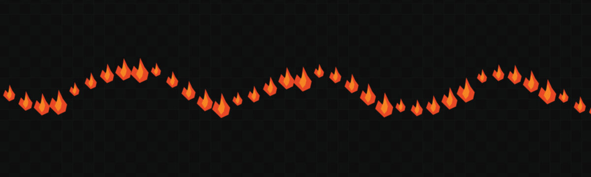 Row of small flames in wavy line on dark background, flat orange and red fire drops forming curved border, for banners, cards and posters