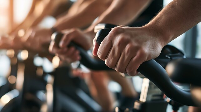 Close up of people hands gripping handlebars during an intense indoor cycling fitness class workout