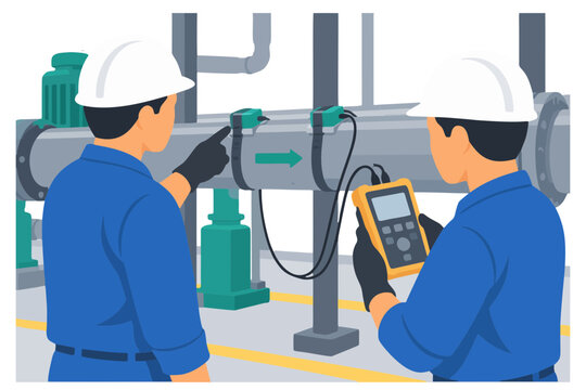 Technicians Using Clamp-On Ultrasonic Flow Meter on Pipe