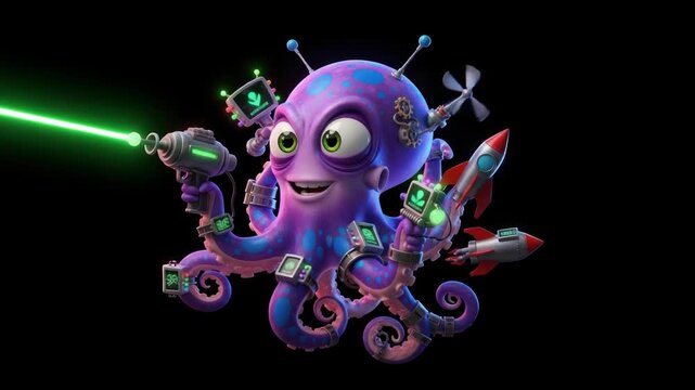 Adventurous Animated Octopus Character Unleashing Laser Beams in a Futuristic Sci-Fi World