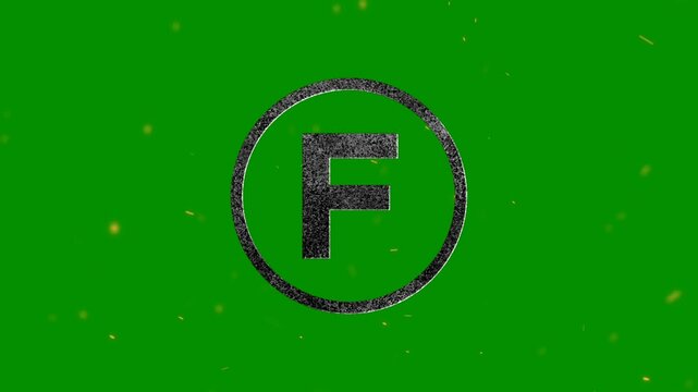 Isolated letter F inside a circular frame with metallic texture against a vibrant green background with particles