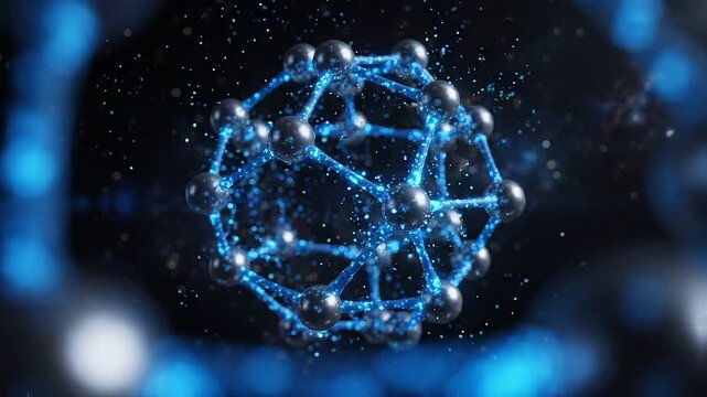Glowing blue molecular structure rotating in abstract digital space for science research
