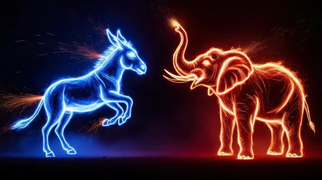 Blue Donkey vs Red Elephant Abstract Neon Glow, Political Parties Confrontation Concept