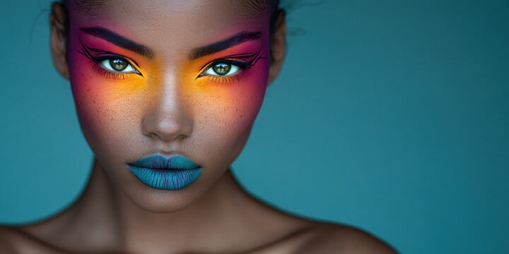 Front-facing beauty portrait of a dark-skinned woman with vivid yellow orange and pink eye makeup and turquoise lips against a deep teal background Atmosphere of bold cosmetics