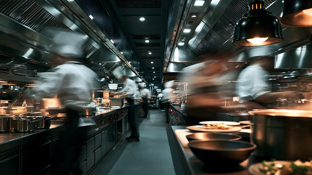 Professional executive chefs and line cooks working in a fast-paced commercial kitchen with motion blur, concept for restaurant management, culinary industry and hospitality workflow