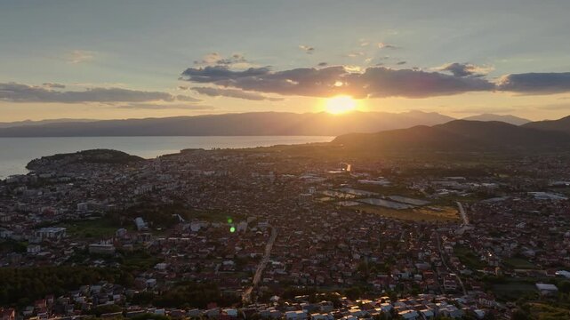 Aerial Sunset Over Ohrid and Lake Ohrid North Macedonia