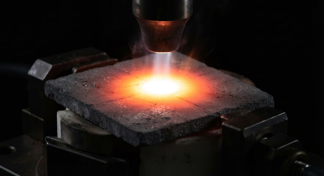 Ultra-high temperature ceramic tile undergoing extreme concentrated heat test with white-hot thermal impact spot and material gradients