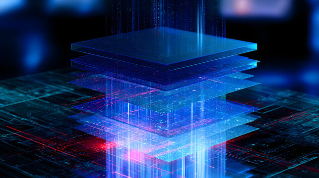 Illuminated isometric data stack layers process rapid information flows in a cutting-edge digital setting
