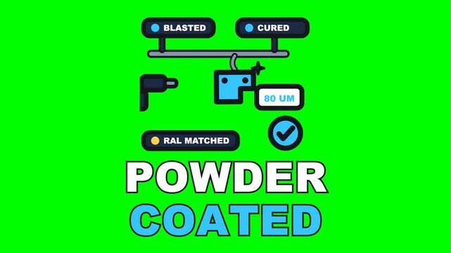 4K green screen POWDER COATED animated text - the part goes past the gun and comes out the other side finished, kinetic typography metal fabrication and welding overlay, chroma key