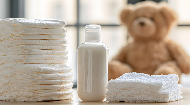 A tidily organized set for baby diaper changes consists of layered diapers, moisturizer, and gentle washcloths. A soft teddy bear rests in the background near an open window.