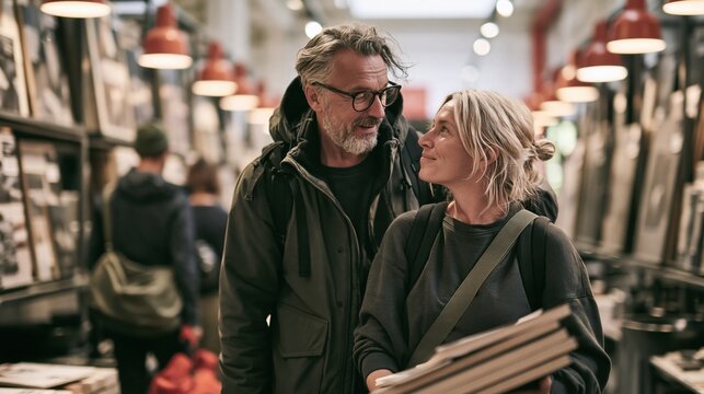 Mature couple browsing vinyl records in record store, woman holding stack of albums. Smiling pair shopping together between shelves of LP sleeves. Music collecting and retro culture.
