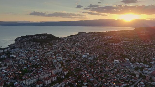 Aerial Sunset Over Ohrid and Lake Ohrid