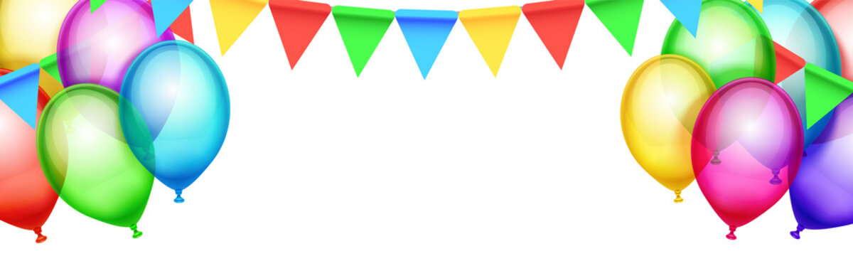 A banner with colorful balloons and flags