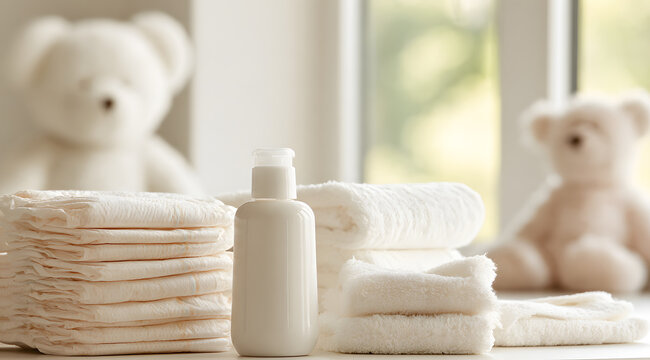Tidily organized baby essentials for changing include stacked diapers, lotion, and soft washcloths. Nearby, a plush teddy bear rests against a window.