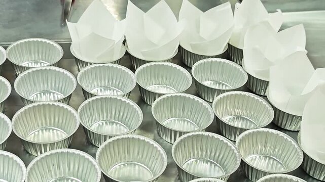 Placing white tulip paper liners into aluminium cups on a tray.