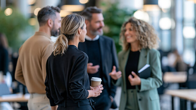 Close rear view of three diverse colleagues walking and talking, one holding a coffee cup, another a notebook, hands gesturing, blurred open office with shared desks and plants bey
