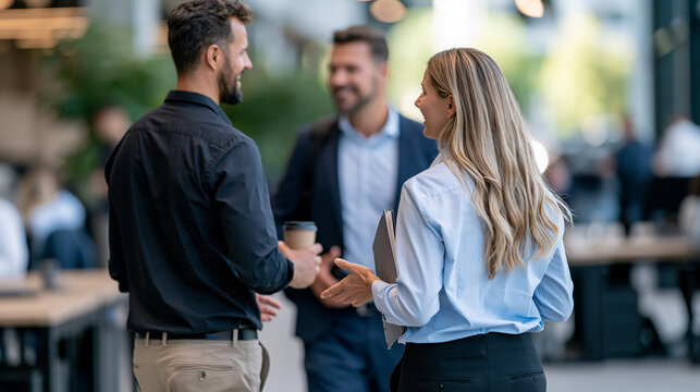 Close rear view of three diverse colleagues walking and talking, one holding a coffee cup, another a notebook, hands gesturing, blurred open office with shared desks and plants bey