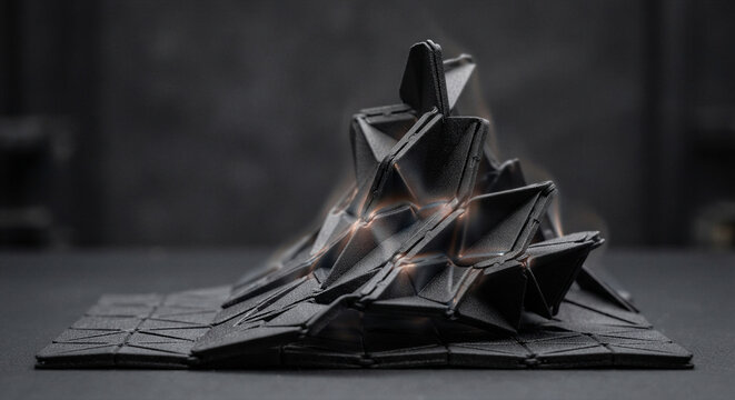 Smart-materials shape-memory polymer origami lattice structure mid-deployment with thermal heat shimmer transitioning from flat to 3D matrix