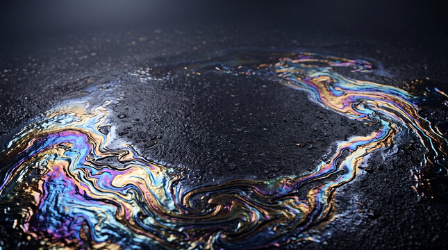 Oil slick on wet asphalt surface creating colorful rainbow patterns