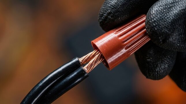 Gloved hand twisting a wire nut onto two copper conductors during electrical wiring installation