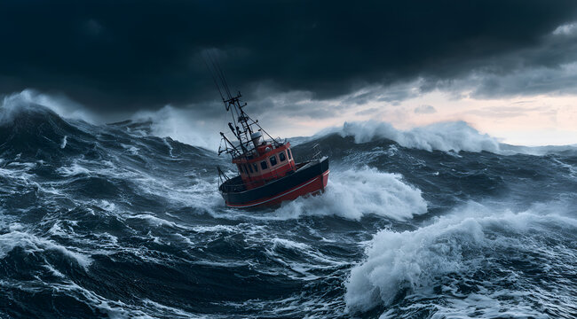 Facing intense storms, a small fishing boat battles against massive, rough waves and dark ocean foam. Dramatic, heavy clouds loom over a turbulent sea, emphasizing the vessel's perilous situation at s