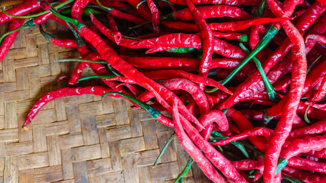 Fresh raw red curly chili peppers close up background.