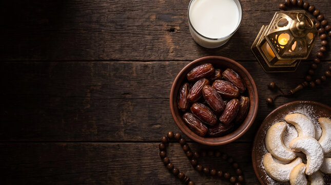 Ramadan Kareem Iftar Table Setting: Dates, Milk, Sweet Pastries, Rosary Beads, and Lantern on Rustic Wooden Background