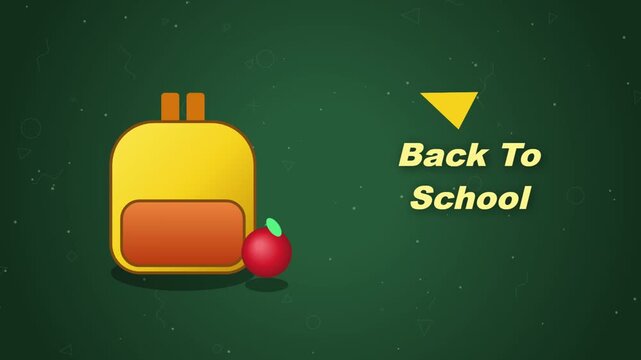 Animated back to school background featuring a yellow backpack and red apple on green board