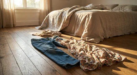 Discarded casual clothes lying on wooden floor in sunny messy bedroom with unmade bed © EwaStudio