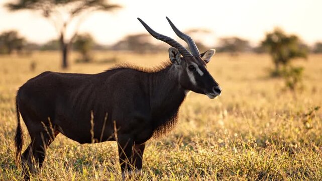 Sable Antelope in Savannah: A majestic sable antelope stands proudly in a sun-drenched African savannah, its dark coat contrasting with the golden grasses and scattered acacia trees.
