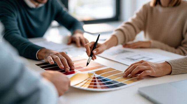 Top-down view of creative colleagues' hands sorting paint color chips into groups on a wide office table, printed sketches and a closed laptop nearby, soft natural window light, cr