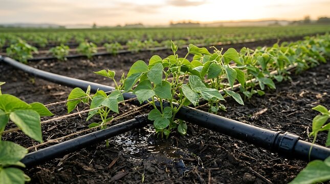 Drip irrigation system watering young green bean plants in a farm field at golden sunset
