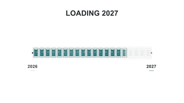 New year 2027, loading bar and progress for future planning, business growth and marketing. Festive countdown, annual transition and success with technology, digital update, calendar and next step.