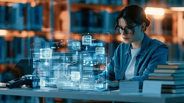 Librarian Reviewing Digital Library Analytics at a Desk