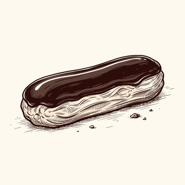 Hand-drawn engraving style chocolate eclair pastry illustration with delicious glaze on a light background