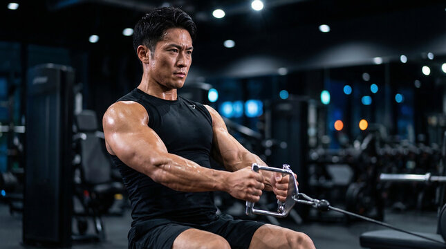 夜のスポーツジムでマシンを使って背中と腕のトレーニングをする筋肉質な男性