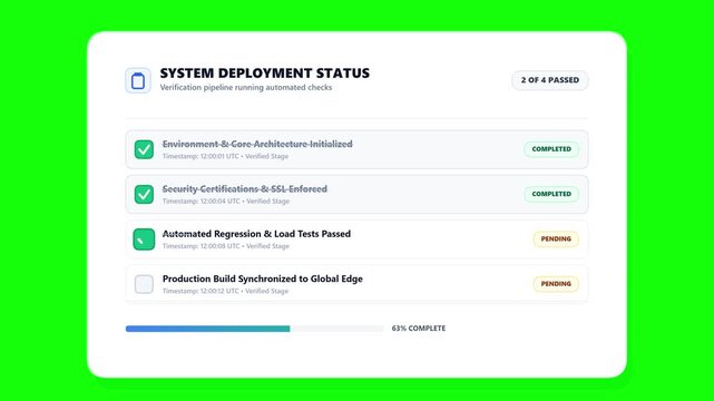 Animated System Deployment Status Progress Checklist Pop-Up Panel UI Element on Green Screen Chroma Key