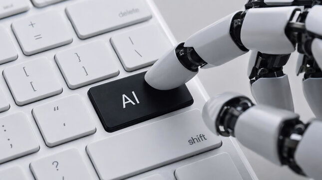 Artificial Intelligence Robot Hand Pressing AI Key on Keyboard