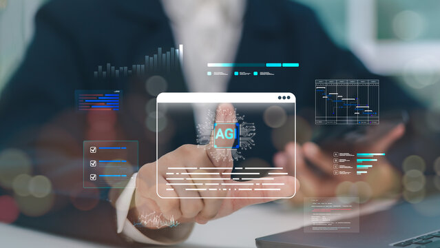 Businessman touching virtual screen with glowing AGI microchip processor, project schedule and corporate data analytics for smart technology concept.