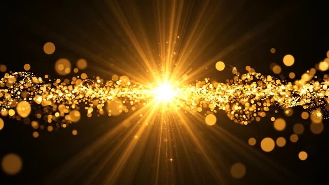 Golden glitter particles wave abstract background, with radiant light, flare and bokeh effect