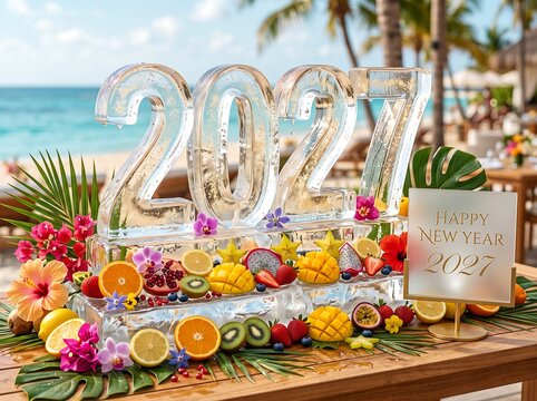 Happy New Year 2027 Tropical Ice Sculpture with Exotic Fruits and Beach Resort Background
