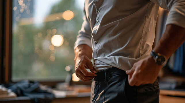 Side view of a person in a casual morning look tucking a shirt into dark trousers beside a wardrobe, head cropped above the chin, rainy gray window in the background, soft diffused
