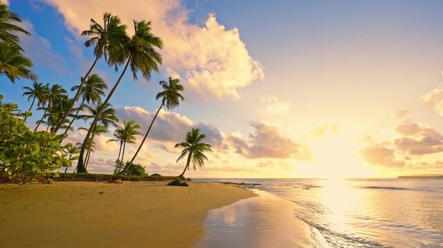 Sunset on a Bali beach. A large sun in the evening sky touches the horizon. Background of palm beach in Indian Ocean. Sunny trace on the waves in the sand. Amazing orange sunset on a wild beach.