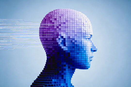 A pixel-art human head model with circuit connections, representing digital intelligence and technology concepts.