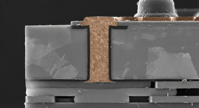 Scanning electron microscope style cross-section of advanced 3D semiconductor packaging featuring vertical copper through-silicon via pillar piercing silicon die layer