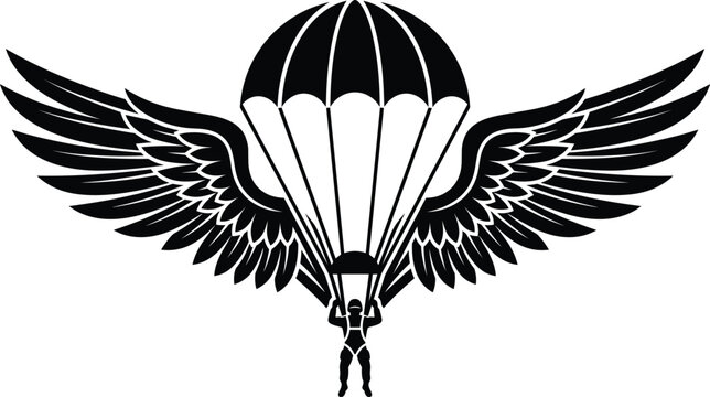 Military Airborne Paratrooper Vector Emblem Featuring Detailed Outspread Wings and Skydiver with Parachute Silhouette for Tactical T Shirt and Logo Designs