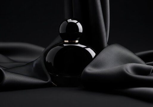 Elegant black perfume bottle on dark silk fabric