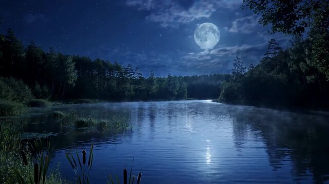 달빛이 비치는 고요한 밤의 호수 (Moonlit Lake Glimmering in the Night, No People)